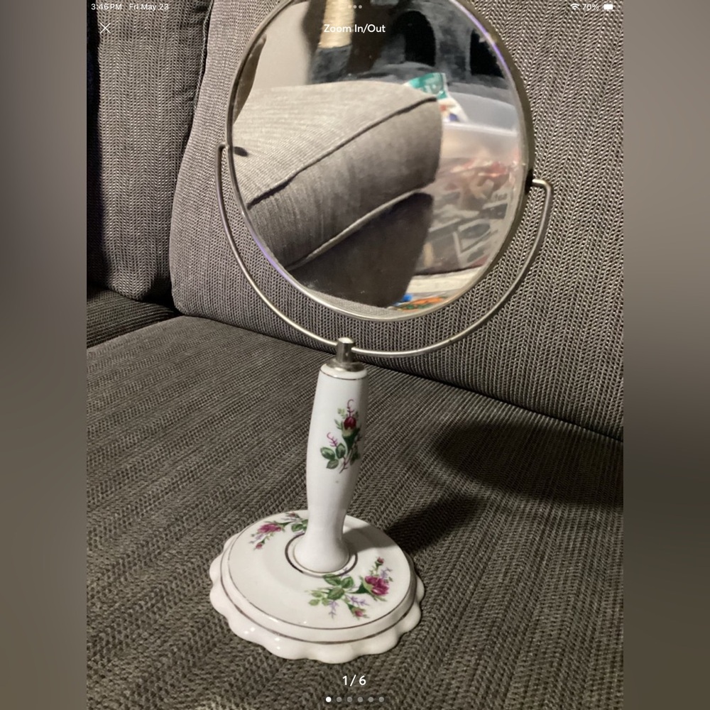 Antique Standing Mirror White ceramic with Pink Flowers, 2 sided mirror